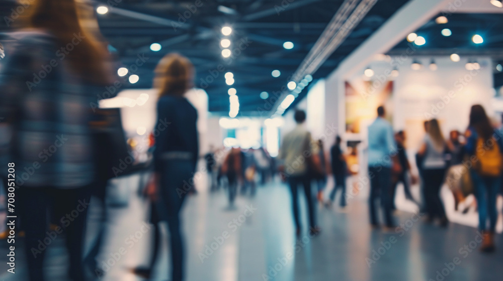 Attendees exploring a product showcase, business conference, blurred background, with copy space