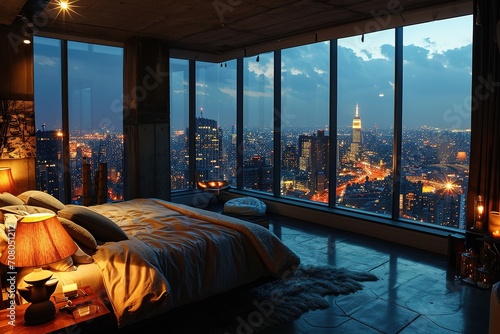 penthouse bedroom at night  dark gloomy  A room with a view of the city from the bed