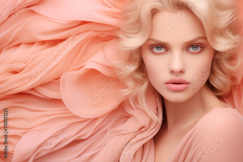 Enchanting blonde beauty in a flowing peach fuzz chiffon dress © Serge's AI Art
