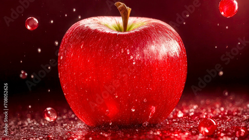 Red apple close up with water drops on black. Banner with juicy red apple fruit