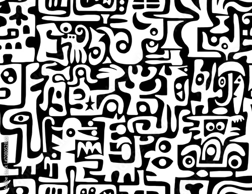 Black and white abstract hand-drawn drawing in the Egyptian style.Seamless pattern.