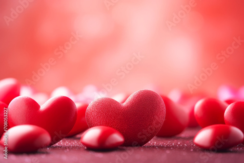 A romantic and vibrant banner with copyspace for Valentine’s Day, multiple red hearts and against a soft-focused, warm red background is blurred with different shades of red creating a bokeh effect