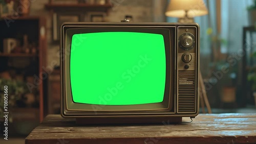 Retro Tv set With Green screen Background and Static Effect, 4k photo