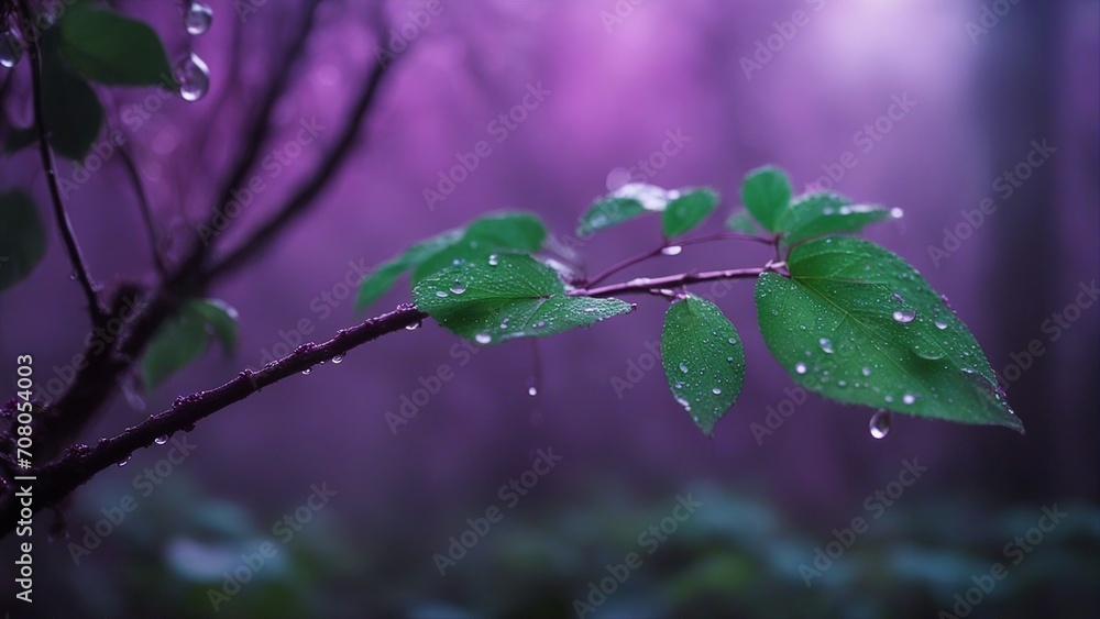 rain drops on a flower a fantasy wallpaper with a branch and leaves in the foggy forest and a purple mystic background rain drops on a flower a fantasy wallpaper with a branch and leaves in the foggy forest and a purple mystic background