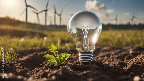 light bulb in the grass a light bulb in the middle of a field with wind turbines in the background