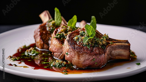 Double-cut lamb ribs on a ceramic plate. Mint ground and honey crust, an unusual background in a rustic style. Rustic. homemade food