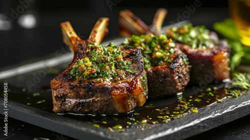 Double-cut lamb ribs on a ceramic plate. Mint ground and honey crust, an unusual background in a rustic style. Rustic. homemade food photo