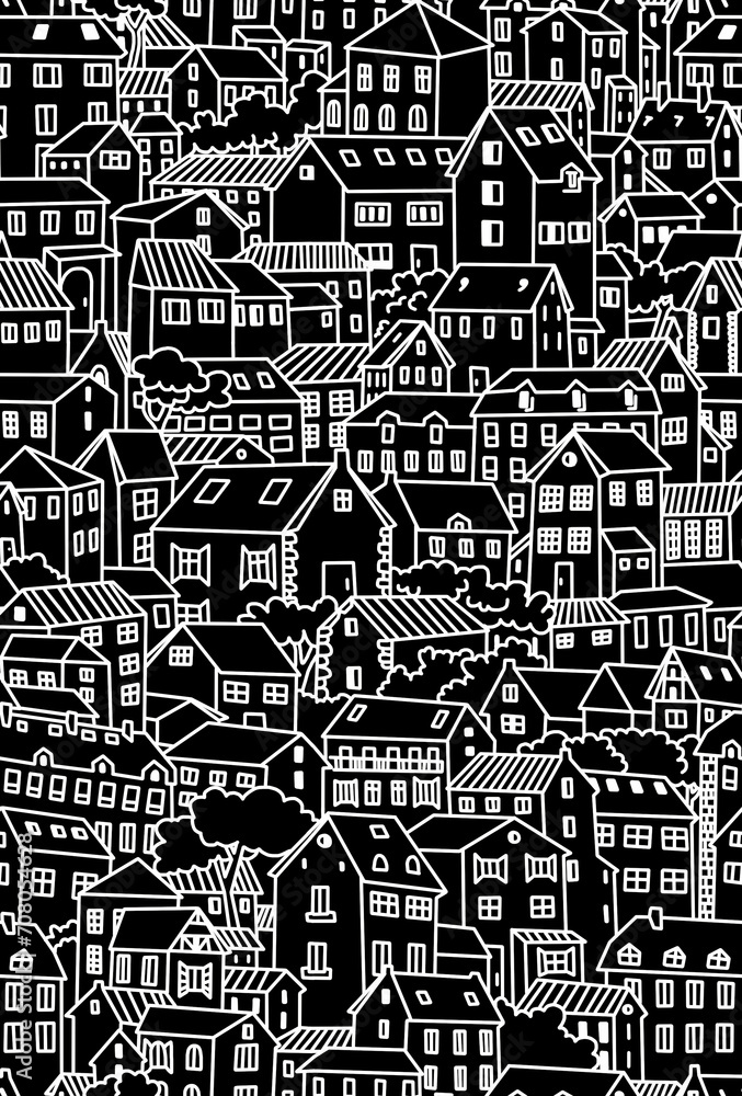 A black and white hand-drawn drawing of residential buildings located close to each other . Seamless pattern.