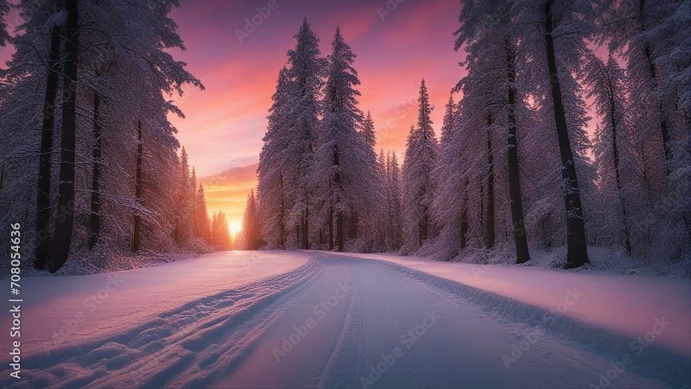 sunset in the forest road leading towards colorful sunrise between snow covered trees  