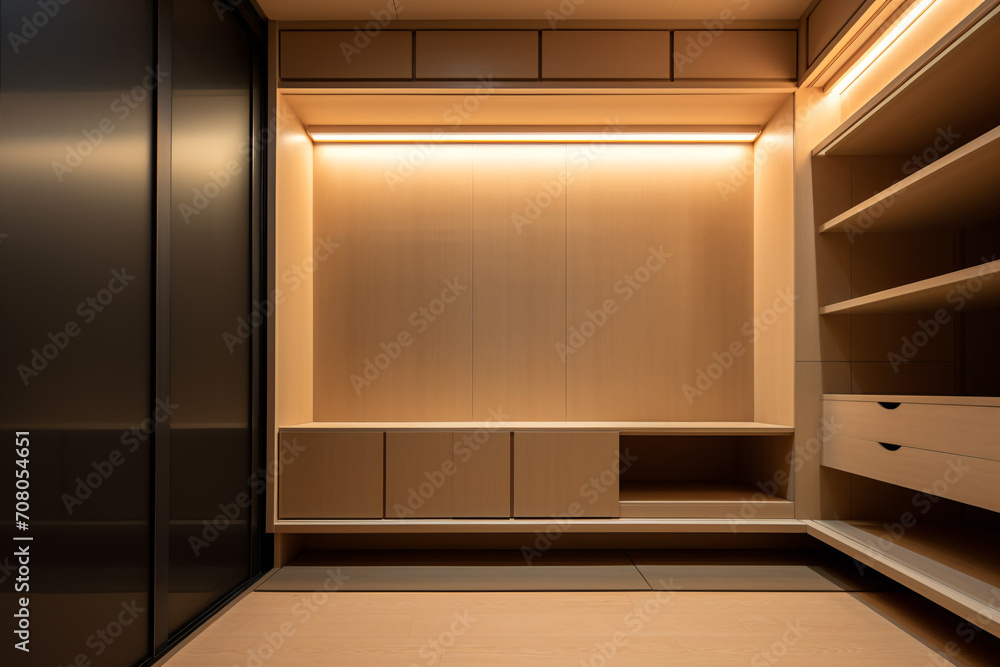 Walk in closet interior design, empty warm wooden walk in wardrobe in modern luxury and minimal style. Walk in closet interior design, empty warm wooden walk in wardrobe in modern luxury and minimal style.