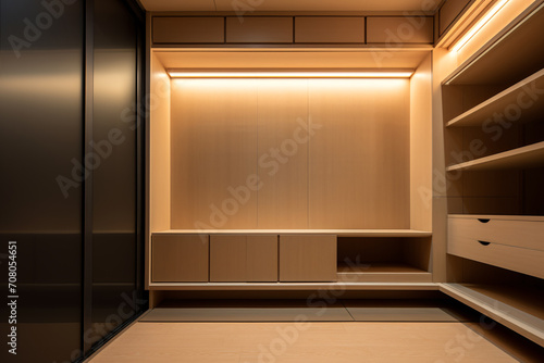 Walk in closet interior design, empty warm wooden walk in wardrobe in modern luxury and minimal style.