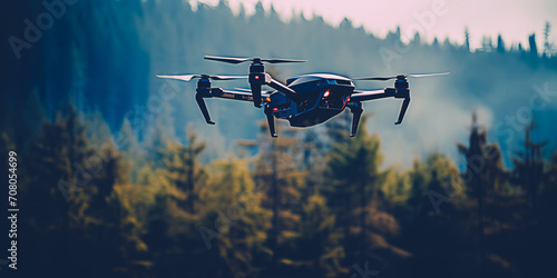 Battle testing reconnaissance drone aerial system flying over forest area. UAV surveillance modern platform
