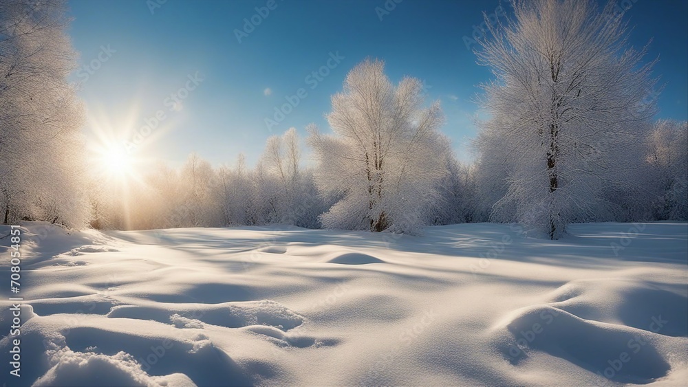 winter landscape with snow winter space of snow with blue sky and sun rays  a photo  a cold and bright mood 