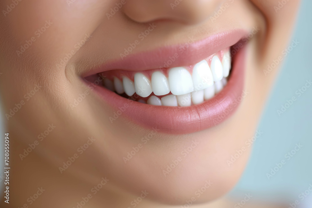 Fototapeta premium Perfect healthy teeth smile of a young woman. Teeth whitening. Dental clinic patient. Stomatology concept.