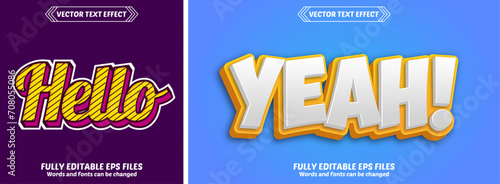 Bundle of 3d yeah Hello editable text effect design vectors. Set of editable text effect designs. Modern editable text effect vector design. Editable text style effects - Yes text style theme.