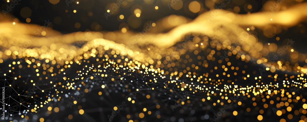 Abstract 3d banner with golden dots, waves and lines on a black background. Geometric dark wallpaper with molecular plexus mesh with copy space for text. Design concept for modern IT technologies ads Abstract 3d banner with golden dots, waves and lines on a black background. Geometric dark wallpaper with molecular plexus mesh with copy space for text. Design concept for modern IT technologies ads