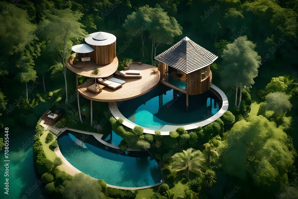 Bird's-eye view of a tree house with swimming pool, showcasing its harmony with nature, the pool's unique shape, and surrounding verdant landscape