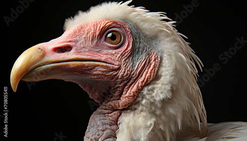 Close up of a chicken beak, feather, and eye generated by AI