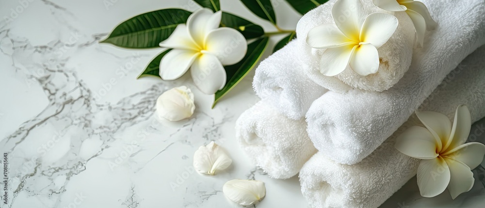 Spa salon or resort. Composition of white terry towels and plumeria flowers on a marble tabletop. An atmosphere of calm and relaxation. Aromatherapy - obrazy, fototapety, plakaty 