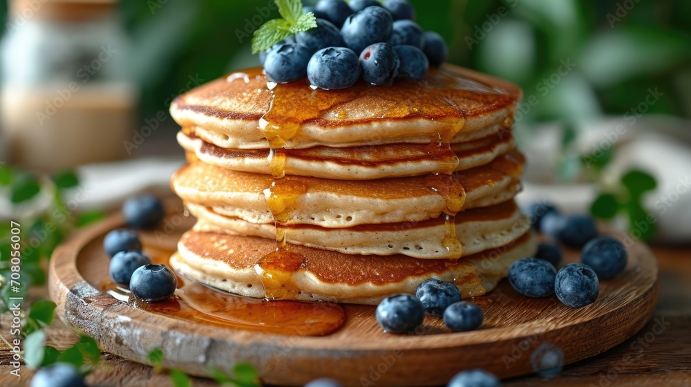 Breakfast Pancake Stack Unwind: Fluffy Pancakes with Blueberries and Maple Syrup in Sunny Morning Kitchen Breakfast Pancake Stack Unwind: Fluffy Pancakes with Blueberries and Maple Syrup in Sunny Morning Kitchen