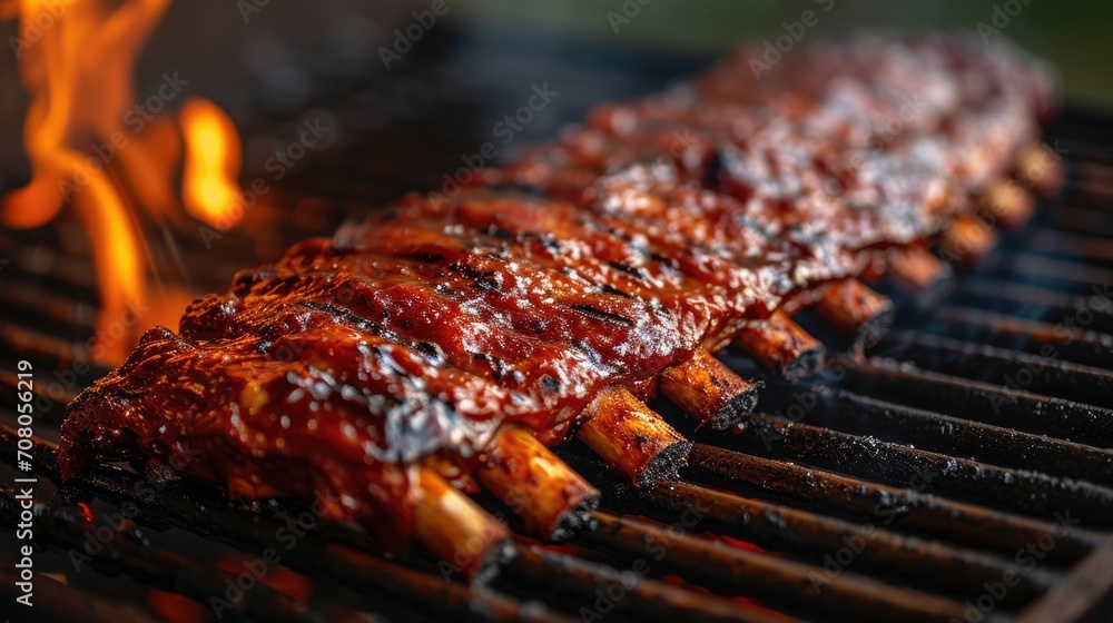 BBQ Ribs Feast Unwind: Succulent Smoky BBQ Ribs Grilling with Flames, Backyard Barbecue Gathering, Friends Enjoying BBQ Ribs Feast Unwind: Succulent Smoky BBQ Ribs Grilling with Flames, Backyard Barbecue Gathering, Friends Enjoying