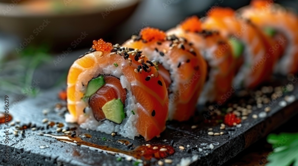 Elegant Sushi Roll Unwind: Exquisite Close-Up of Crafted Sushi Roll with Fresh Fish, Avocado, Rice, Flower Garnish in Modern Bar Elegant Sushi Roll Unwind: Exquisite Close-Up of Crafted Sushi Roll with Fresh Fish, Avocado, Rice, Flower Garnish in Modern Bar
