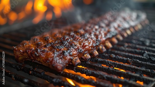 BBQ Ribs Feast Unwind: Succulent Smoky BBQ Ribs Grilling with Flames, Backyard Barbecue Gathering, Friends Enjoying