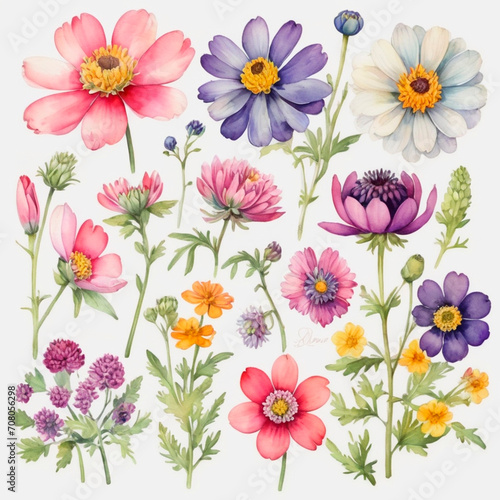 set of watercolor painted flowers