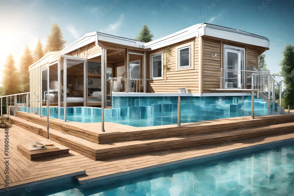 Close-up view of a mobile home with swimming pool, showcasing the intricate details of its wooden deck and the crystal-clear blue of the pool.