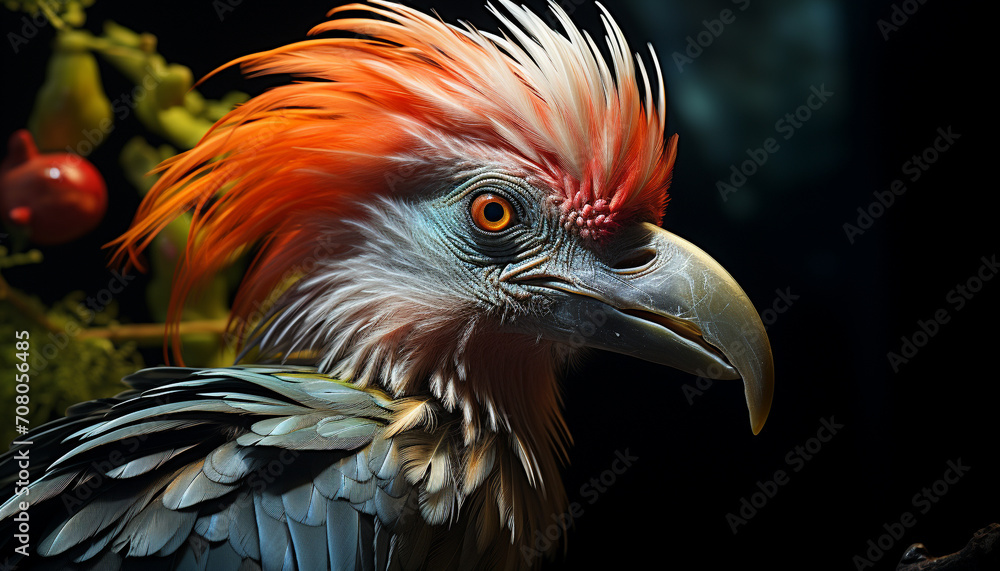 Majestic hawk perching on branch, vibrant feathers showcase beauty generated by AI Majestic hawk perching on branch, vibrant feathers showcase beauty generated by AI