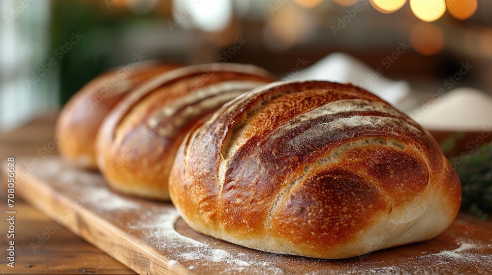 Rustic Bread Loaves Unwind: Freshly Baked Artisan Bread on Wooden Table in Traditional Bakery with Flour Dust, Warm Ambiance