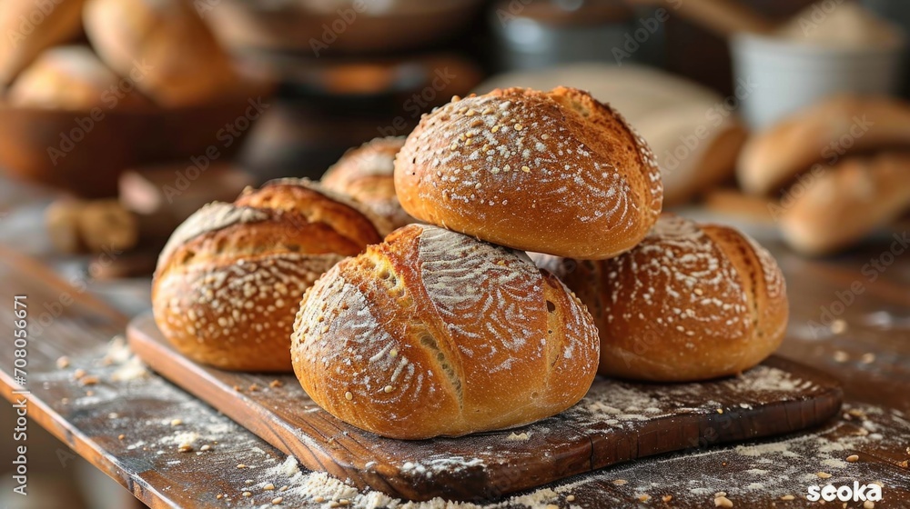 Rustic Bread Loaves Unwind: Freshly Baked Artisan Bread on Wooden Table in Traditional Bakery with Flour Dust, Warm Ambiance Rustic Bread Loaves Unwind: Freshly Baked Artisan Bread on Wooden Table in Traditional Bakery with Flour Dust, Warm Ambiance