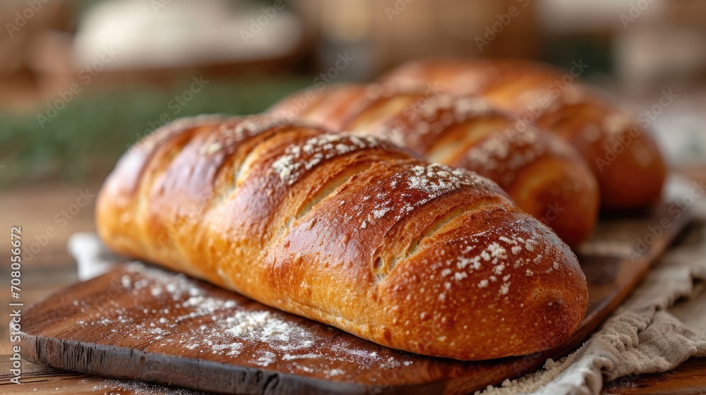 Rustic Bread Loaves Unwind: Freshly Baked Artisan Bread on Wooden Table in Traditional Bakery with Flour Dust, Warm Ambiance Rustic Bread Loaves Unwind: Freshly Baked Artisan Bread on Wooden Table in Traditional Bakery with Flour Dust, Warm Ambiance