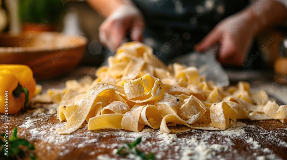 Homemade Pasta Making Unwind: Artisan Pasta Dough Rolling and Cutting in Rustic Italian Kitchen, Homely Warmth, Traditional Process Homemade Pasta Making Unwind: Artisan Pasta Dough Rolling and Cutting in Rustic Italian Kitchen, Homely Warmth, Traditional Process