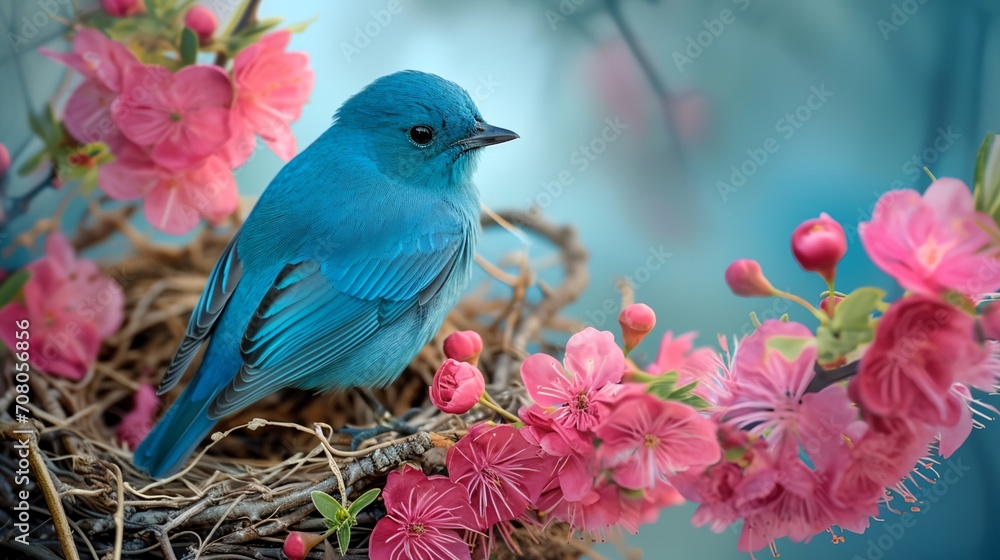 a blue bird sitting on top of a nest