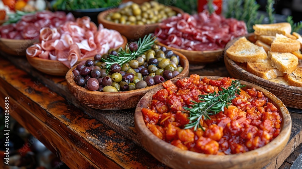 Spanish Tapas Spread Unwind: Festive Tapas Bar Scene with Rustic Board of Olives, Cured Meats, Cheeses, Lively Atmosphere