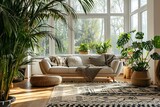 Modern living room interior with plants and carpet