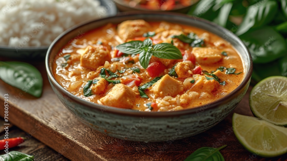 Spicy Thai Curry Unwind: Vibrant Spicy Thai Curry with Coconut Milk in Bowl, Traditional Kitchen, Serene Tropical Backdrop