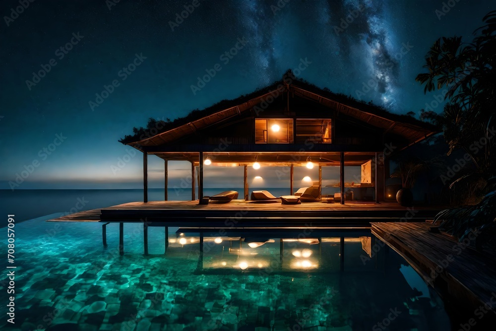 Nightfall at a hut with swimming pool, where underwater lights give the pool a luminescent and inviting glow amidst the darkness