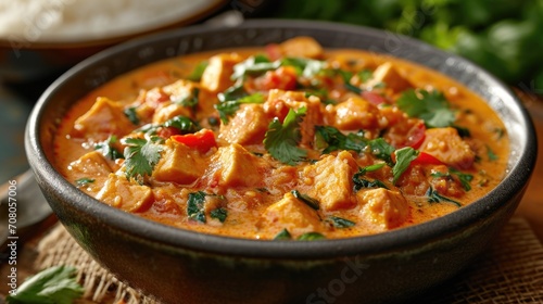 Spicy Thai Curry Unwind: Vibrant Spicy Thai Curry with Coconut Milk in Bowl, Traditional Kitchen, Serene Tropical Backdrop