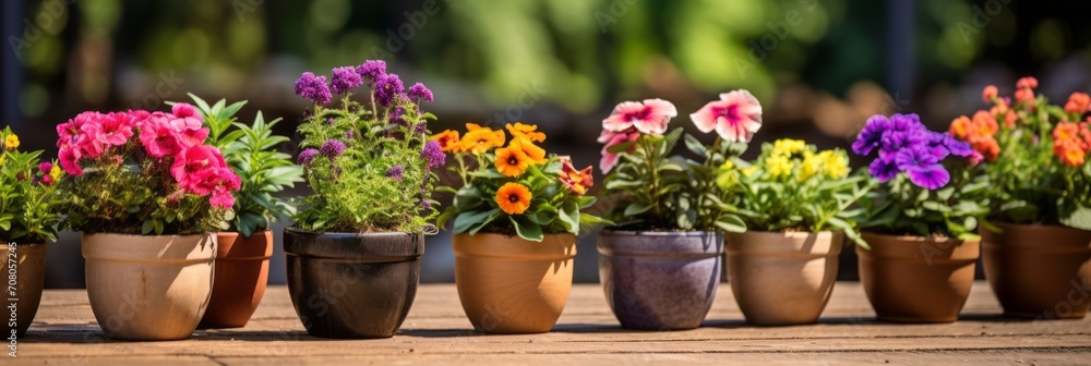 Beautiful colorful variety of spring and summer flowers in pots on the patio, banner