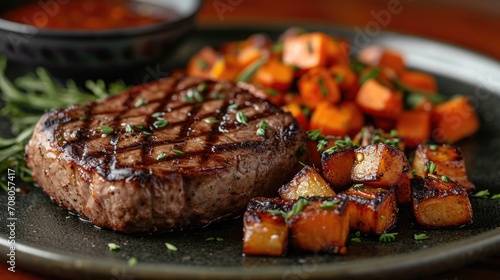 Juicy Grilled Steak Unwind: Upscale Steakhouse Scene with Perfectly Grilled Steak, Roasted Vegetables on Stylish Plate