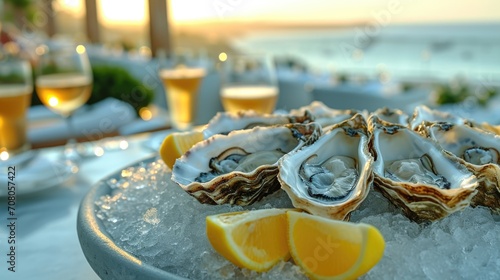 Fresh Oyster Platter Unwind: Chic Seafood Restaurant Setting with Array of Oysters on Ice, Lemon Wedges, Mignonette Sauce, Ocean View