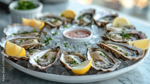Fresh Oyster Platter Unwind: Chic Seafood Restaurant Setting with Array of Oysters on Ice, Lemon Wedges, Mignonette Sauce, Ocean View © Vadim