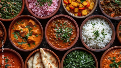 Indian Curry Feast Unwind: Vibrant Cultural Setting with Indian Dishes Like Butter Chicken, Naan, Rice in Traditional Clay Dishes