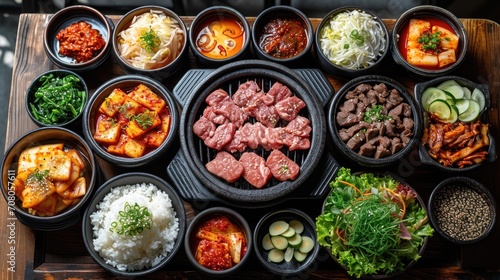 Korean BBQ Table Unwind: Lively Authentic Korean Restaurant with Various Meats Grilling, Side Dishes, Sauces on BBQ Table