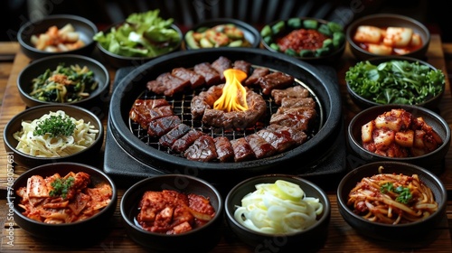Korean BBQ Table Unwind: Lively Authentic Korean Restaurant with Various Meats Grilling, Side Dishes, Sauces on BBQ Table