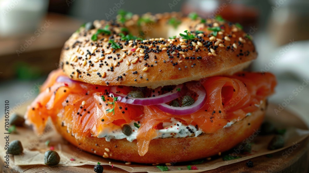 Smoked Salmon Bagel Unwind: Gourmet Bagel with Cream Cheese, Smoked Salmon on Chic Café Table, Bright Morning Ambiance Smoked Salmon Bagel Unwind: Gourmet Bagel with Cream Cheese, Smoked Salmon on Chic Café Table, Bright Morning Ambiance