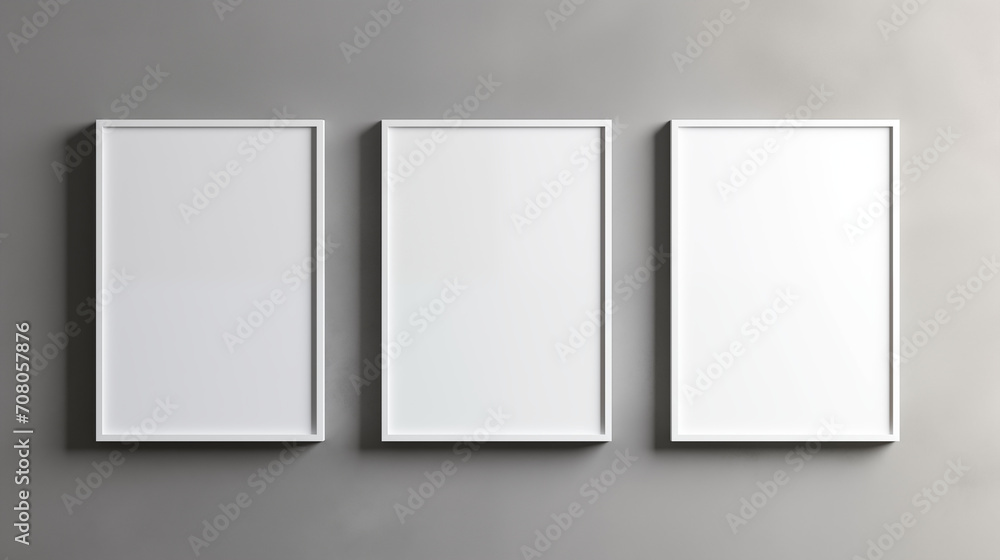 Three blank white frames displayed in a row on a grey wall, ideal for art presentation Three blank white frames displayed in a row on a grey wall, ideal for art presentation