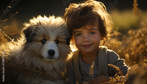 A cute dog and child embrace, enjoying the outdoors together generated by AI